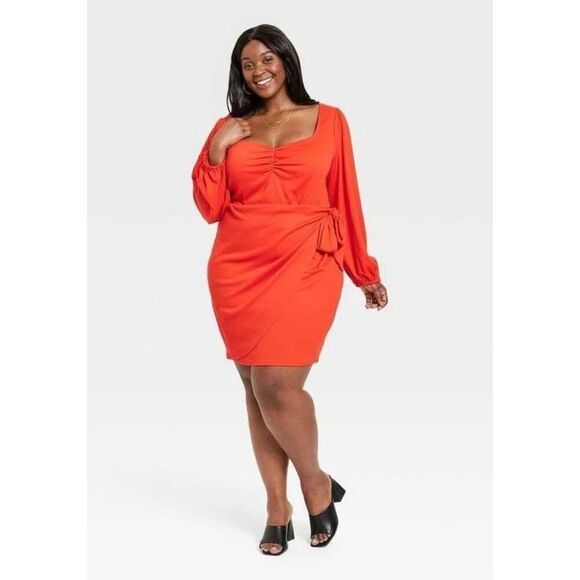 NWOT Womens Ava & Viv Balloon Long Sleeve Runway Red Wrap Dress - Sz 2X - Picture 1 of 2